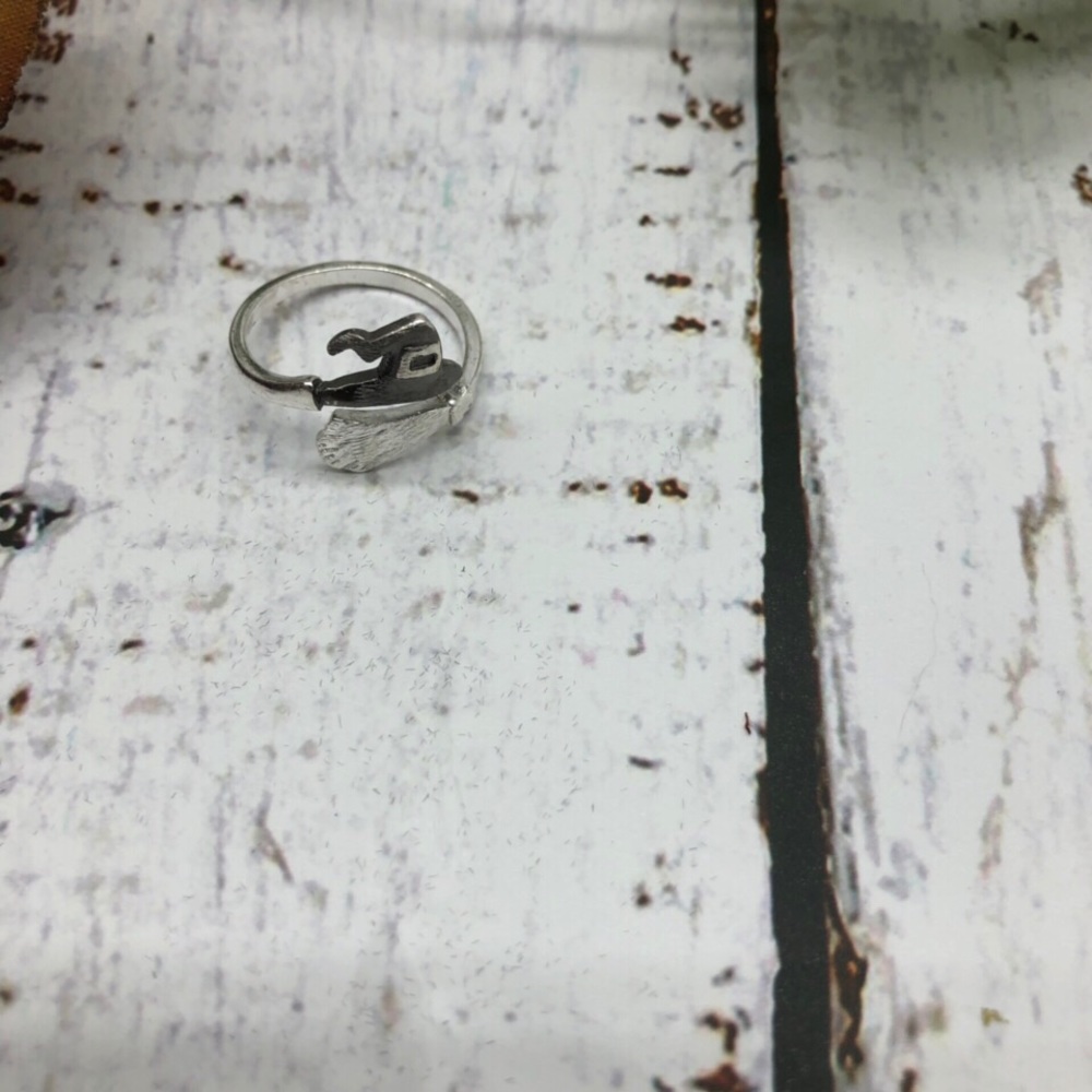 Cute witches hat and broom ring. Brushed silver